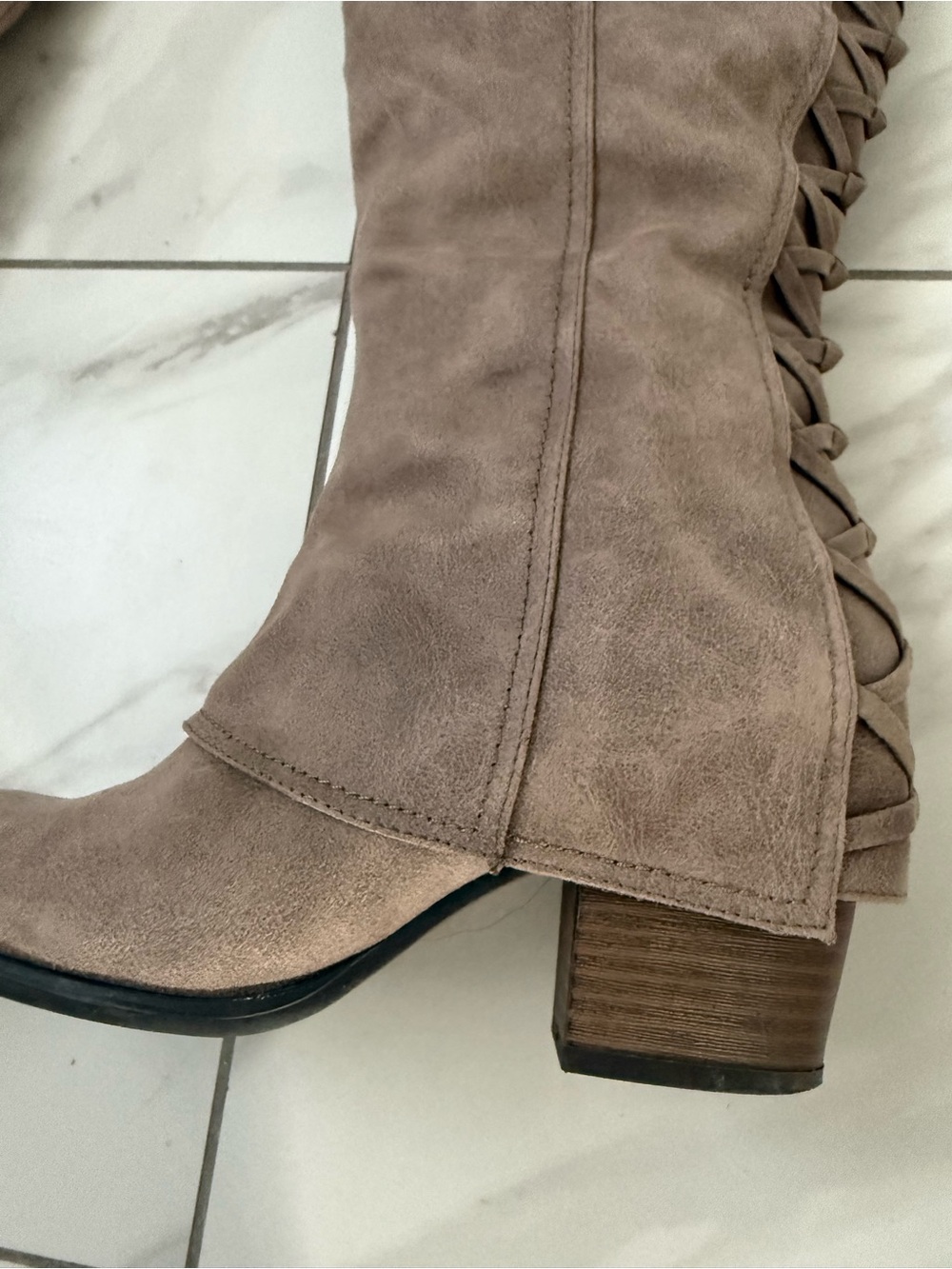 Fergalicious Leesa Taupe Suede Knee-High Lace-Back Boots - size 8 WIDE - Picture 7 of 10